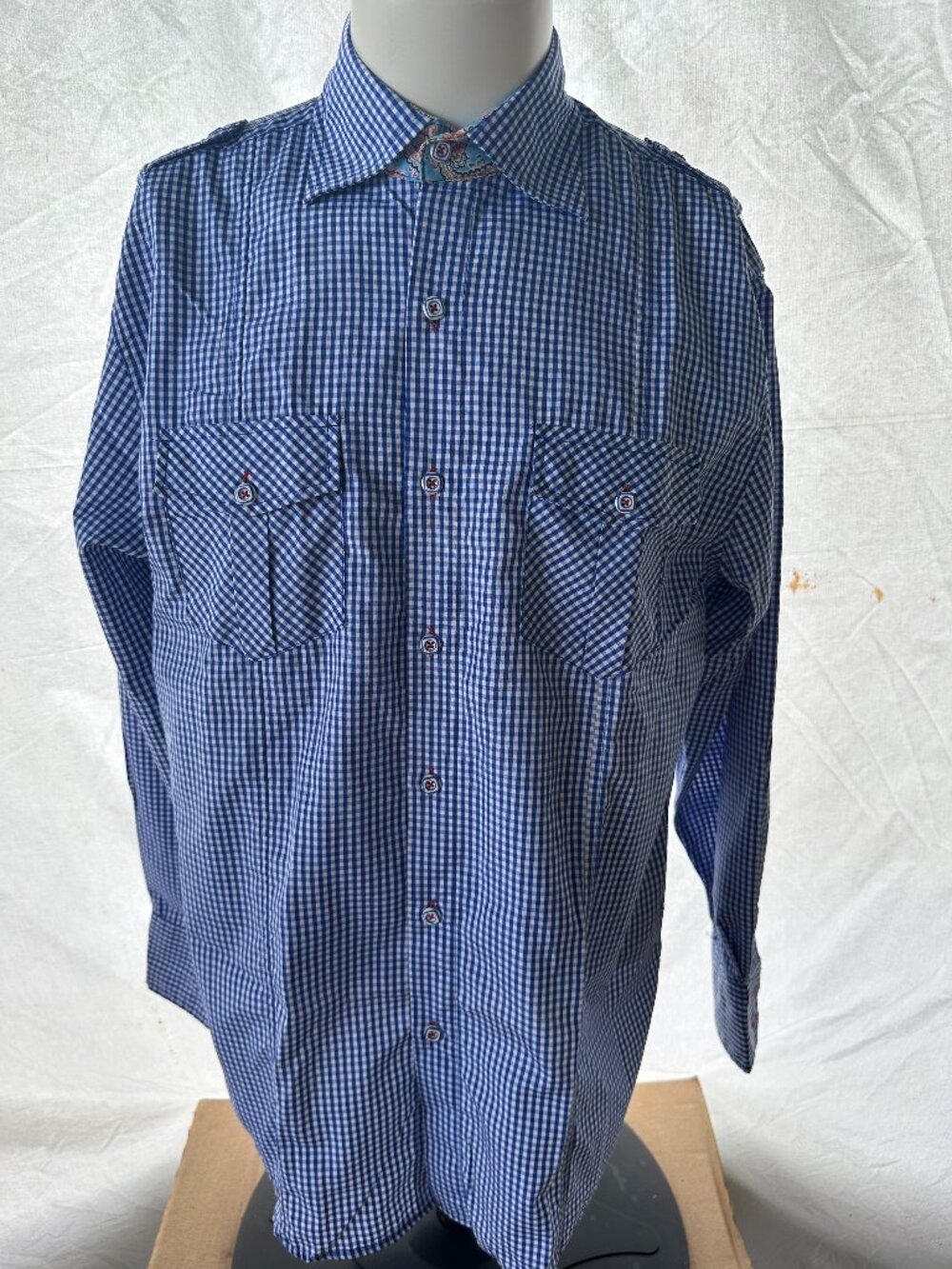 Cardinali Men's Blue White Checks Men's LS Button Front Shirt Medium Polyester